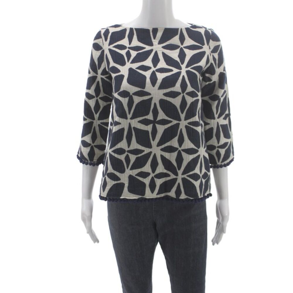 Designer Women Blue Geometric Cotton Boat Neck Basic Blouse 3/4 Sleeve Size M